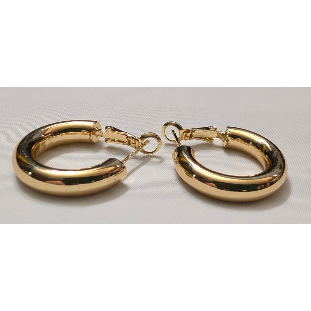 S925 Sterling Silver Gold Overlay Hoop Pierced Earrings Chunky Round 1 Lock 58$